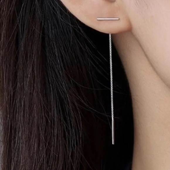 Sterling Silver Threaded Bar Thread Chain Earrings - Picture 2 of 3